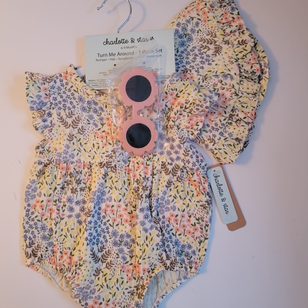 Charlotte & Star Floral Romper Hat Set Sunglasses 3 Piece Set Boutique Baby